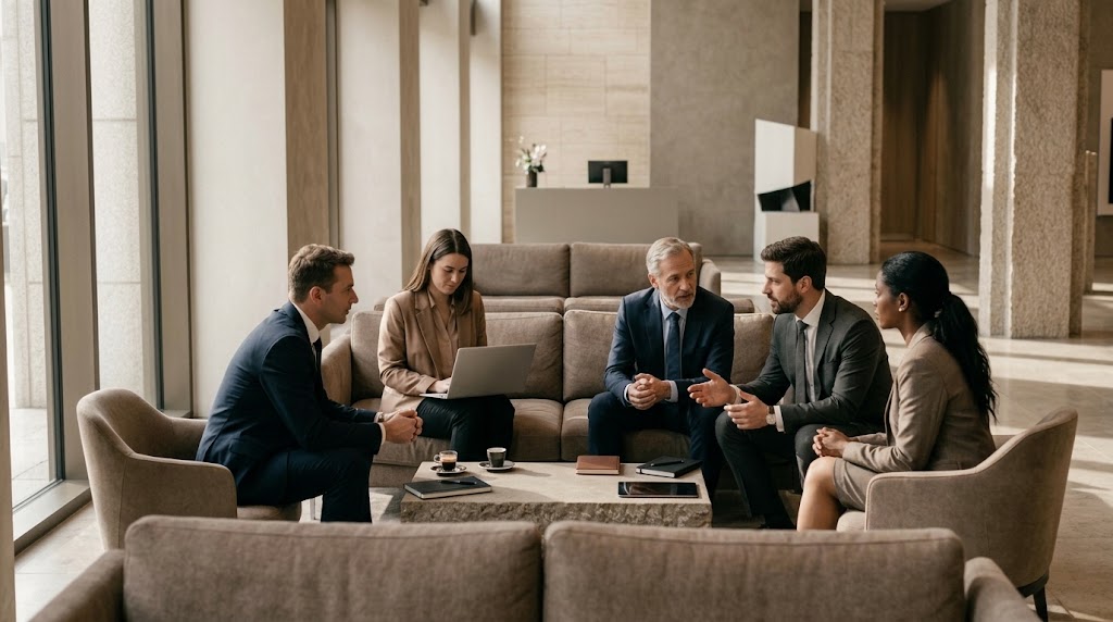 Five professionals discussing a deal around a coffee table in an office lounge